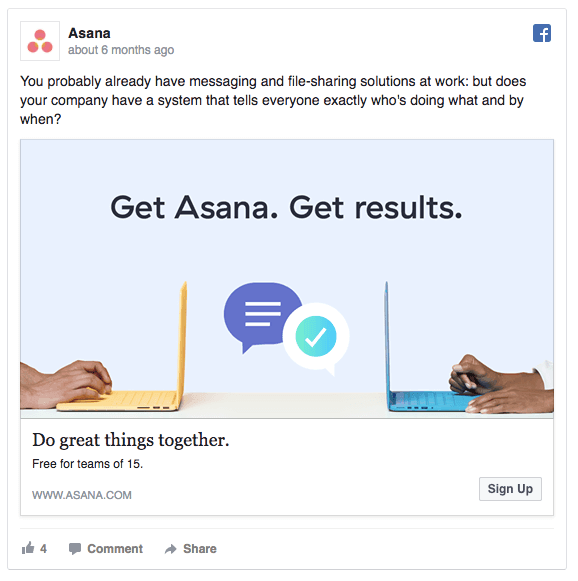 idea per un post su Facebook: Asana