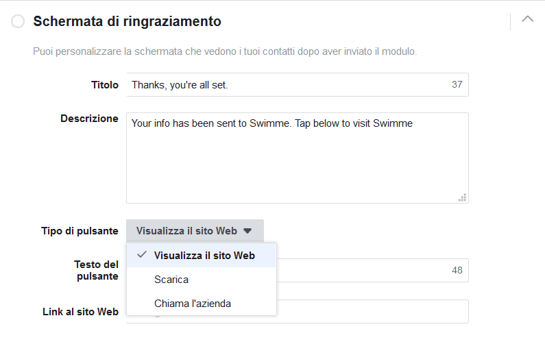 Gestisci inserzioni - Schermata di ringraziamento