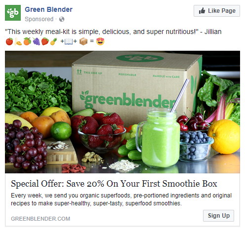 Esempi di post pubblicitari su Facebook di Green Blender