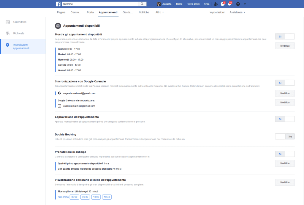 Impostazioni Appuntamenti disponibili