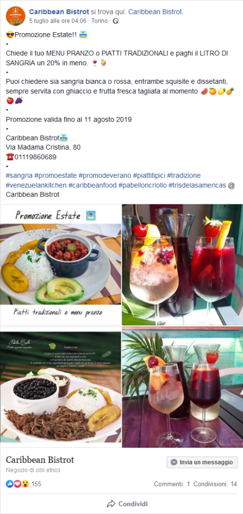post colorato pagina Facebook ristorante